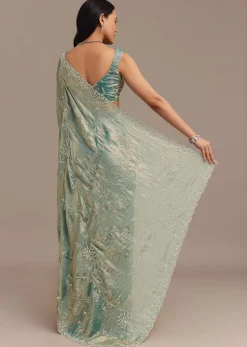 Peacock Blue Tissue Silk Saree Embellished With Stones All Over