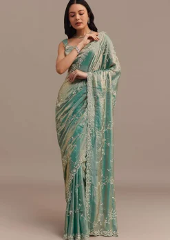 Peacock Blue Tissue Silk Saree Embellished With Stones All Over