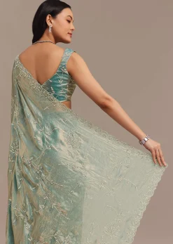 Peacock Blue Tissue Silk Saree Embellished With Stones All Over