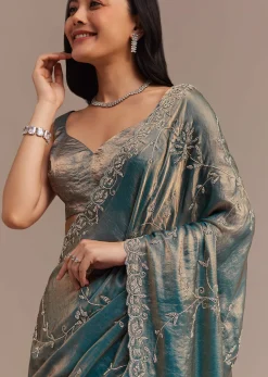 Peacock Blue Tissue Silk Saree Embellished With Stones All Over