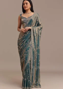Peacock Blue Tissue Silk Saree Embellished With Stones All Over