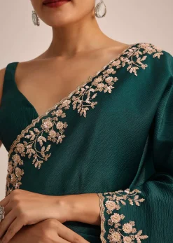 Peacock Green Crushed Tissue Saree With Cutdana And Sequin Border With Unstitched Blouse