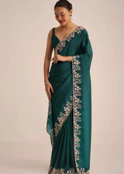 Peacock Green Crushed Tissue Saree With Cutdana And Sequin Border With Unstitched Blouse