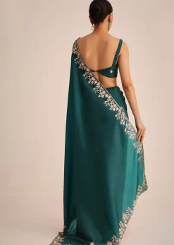 Peacock Green Crushed Tissue Saree With Cutdana And Sequin Border With Unstitched Blouse