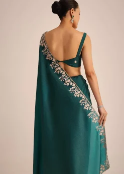 Peacock Green Crushed Tissue Saree With Cutdana And Sequin Border With Unstitched Blouse