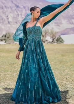 Peacock Green Embroidered Circular Frill Gown With Long Trail
