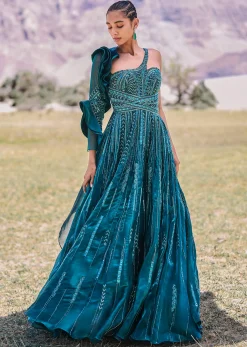 Peacock Green Embroidered Circular Frill Gown With Long Trail