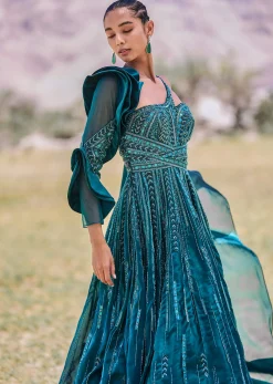 Peacock Green Embroidered Circular Frill Gown With Long Trail