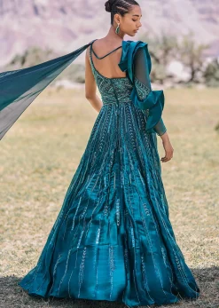 Peacock Green Embroidered Circular Frill Gown With Long Trail