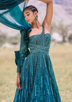 Peacock Green Embroidered Circular Frill Gown With Long Trail