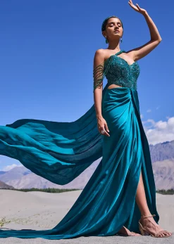 Peacock Green Embroidered Satin Gown With Sweetheart Neckline