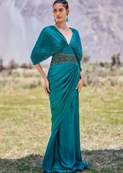 Peacock Green Embroidered Pre Draped Gown With Kimono Sleeves