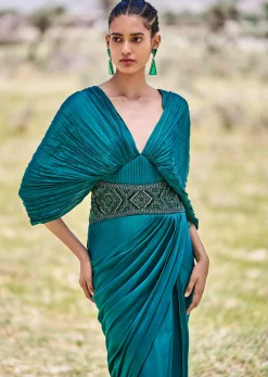 Peacock Green Embroidered Pre Draped Gown With Kimono Sleeves