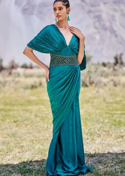 Peacock Green Embroidered Pre Draped Gown With Kimono Sleeves