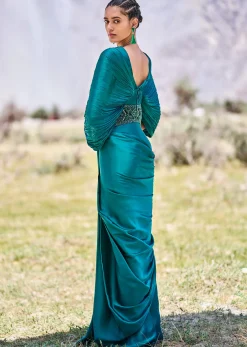 Peacock Green Embroidered Pre Draped Gown With Kimono Sleeves
