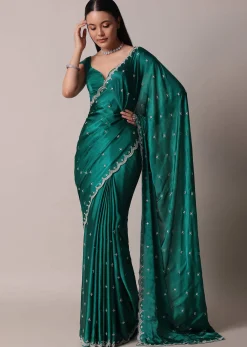 Peacock Green Saree In Satin Chinon With Scallop Border And Unstitched Blouse Piece