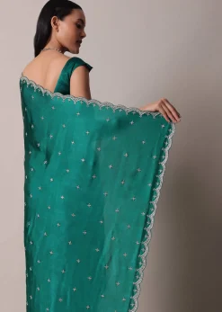 Peacock Green Saree In Satin Chinon With Scallop Border And Unstitched Blouse Piece