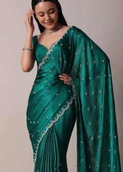 Peacock Green Saree In Satin Chinon With Scallop Border And Unstitched Blouse Piece