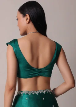 Peacock Green Saree In Satin Chinon With Scallop Border And Unstitched Blouse Piece