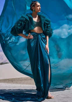 Peacock Green Satin Pre Draped Skirt Set With Ruffle Jacket