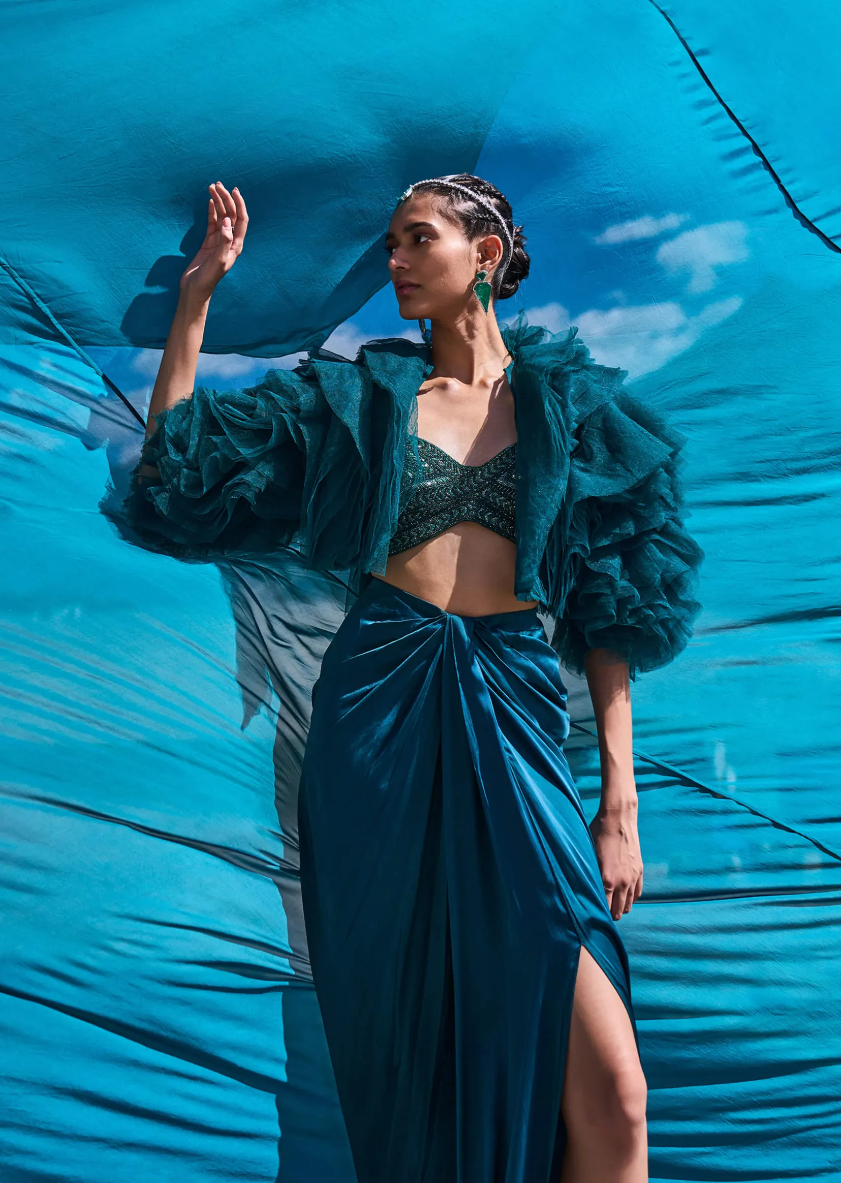 Peacock Green Satin Pre Draped Skirt Set With Ruffle Jacket