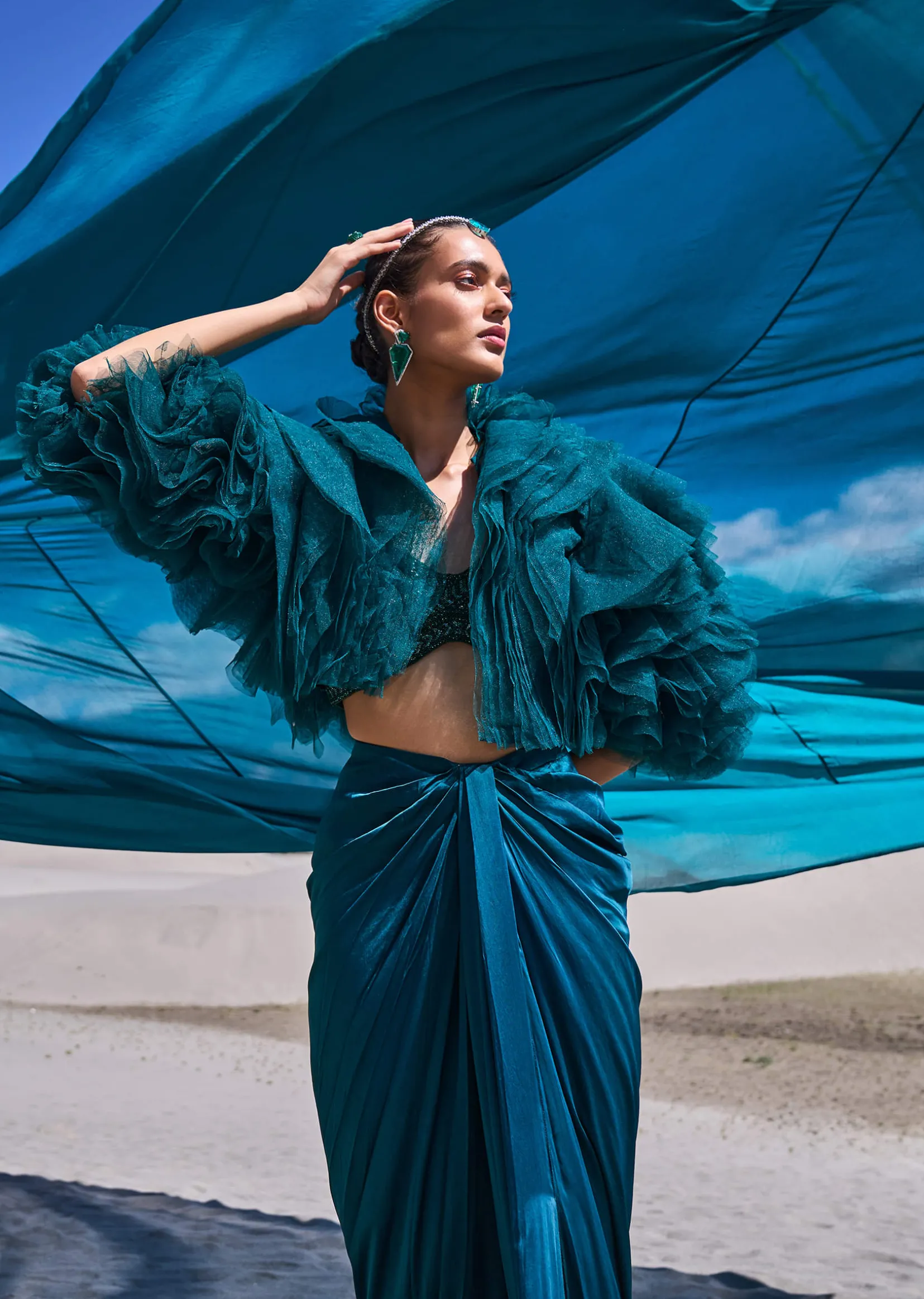 Peacock Green Satin Pre Draped Skirt Set With Ruffle Jacket