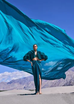 Peacock Green Satin Pre Draped Skirt Set With Ruffle Jacket