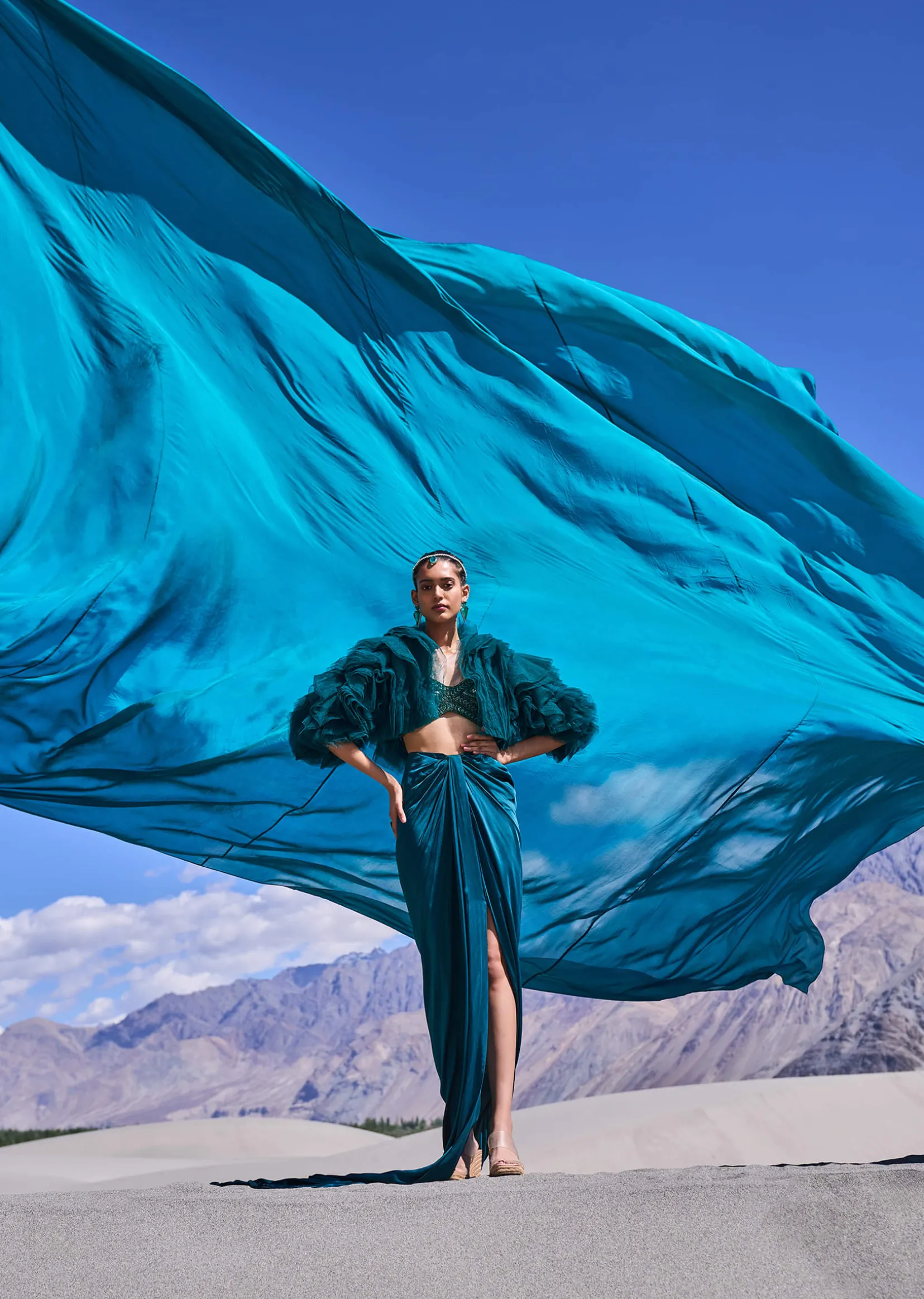 Peacock Green Satin Pre Draped Skirt Set With Ruffle Jacket