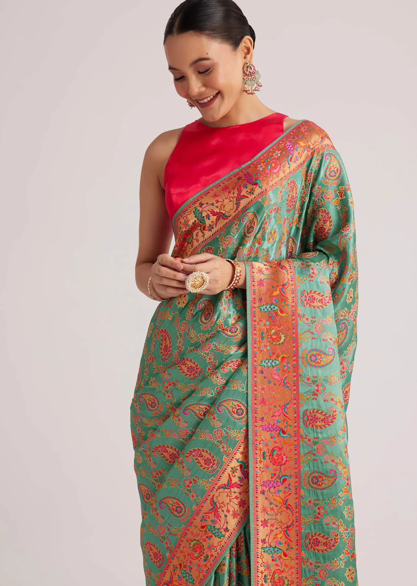 Peacock Green Satin Silk Saree With Jaal Work And Zari Border