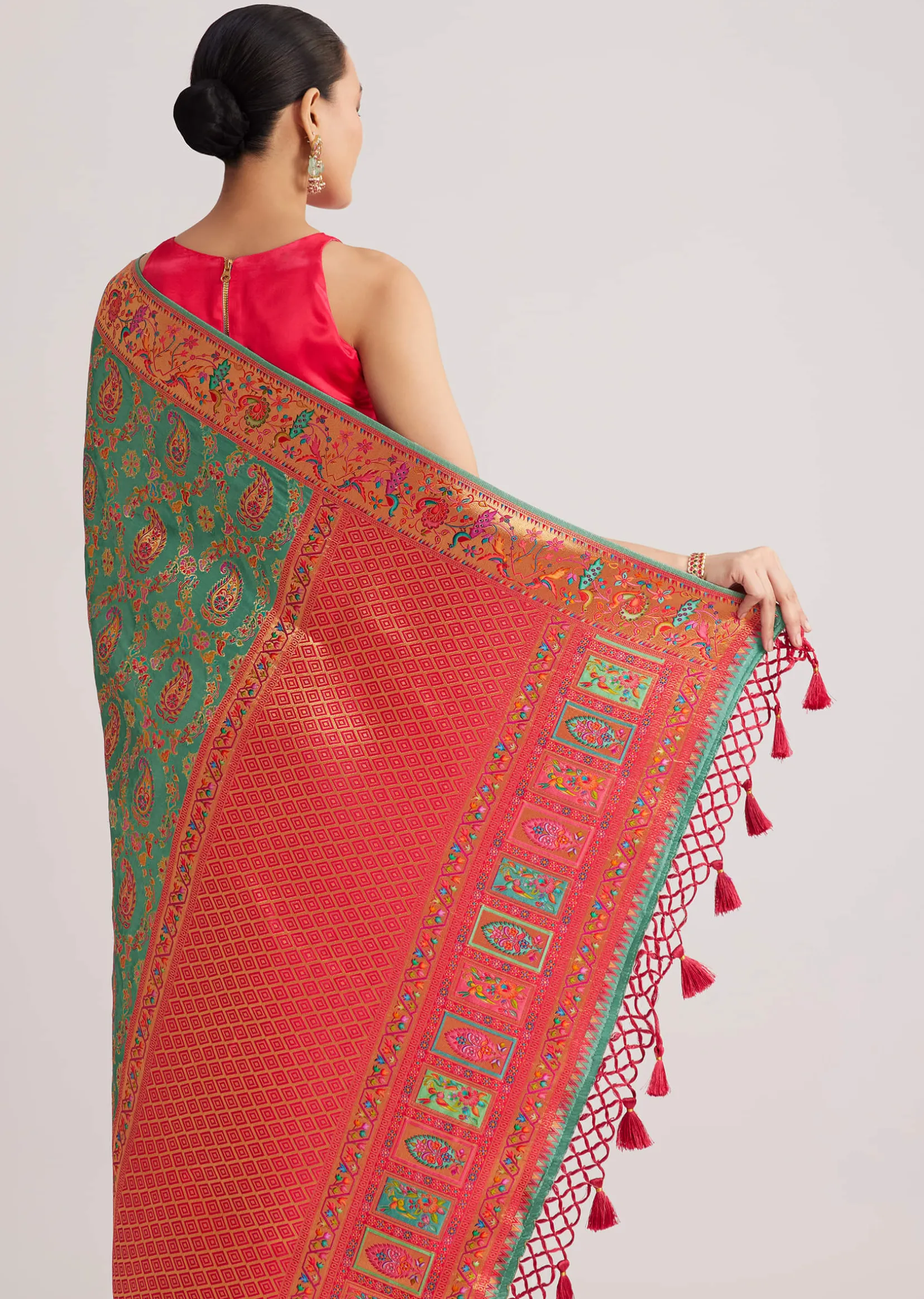 Peacock Green Satin Silk Saree With Jaal Work And Zari Border
