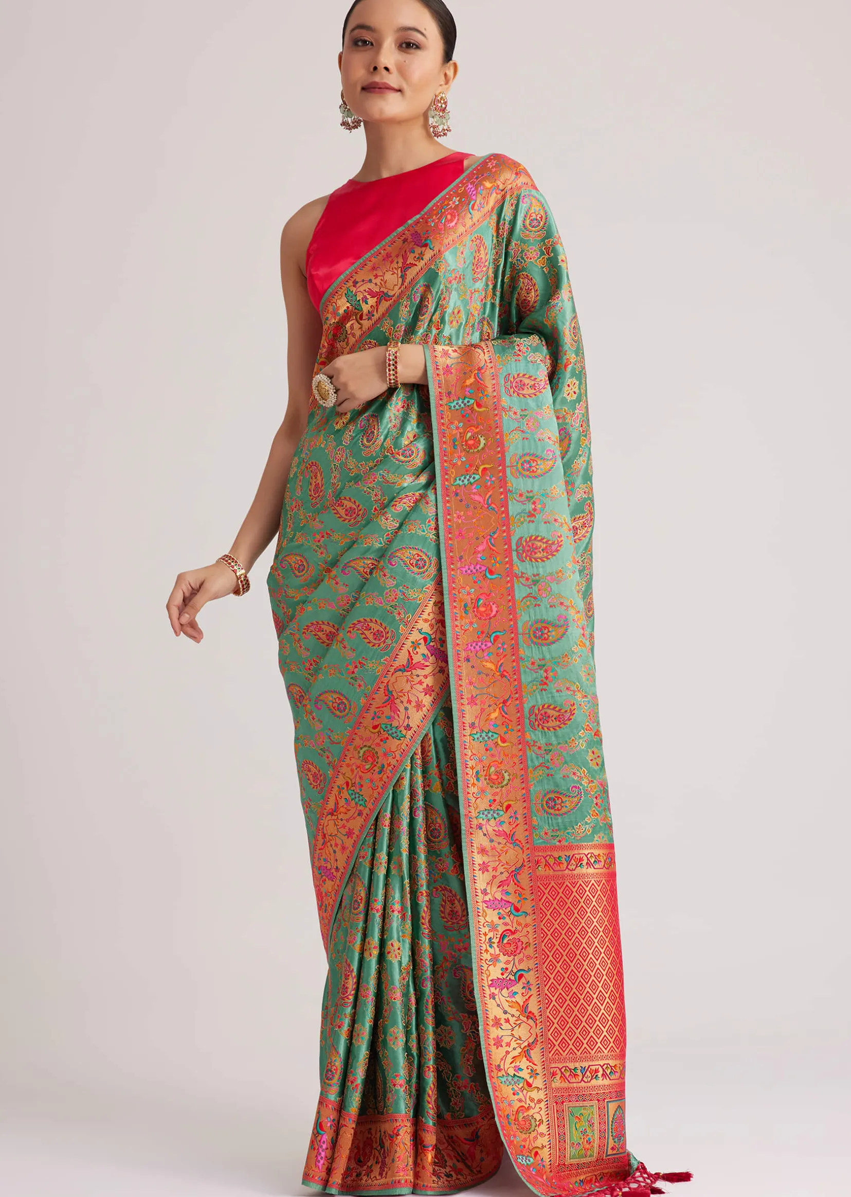 Peacock Green Satin Silk Saree With Jaal Work And Zari Border