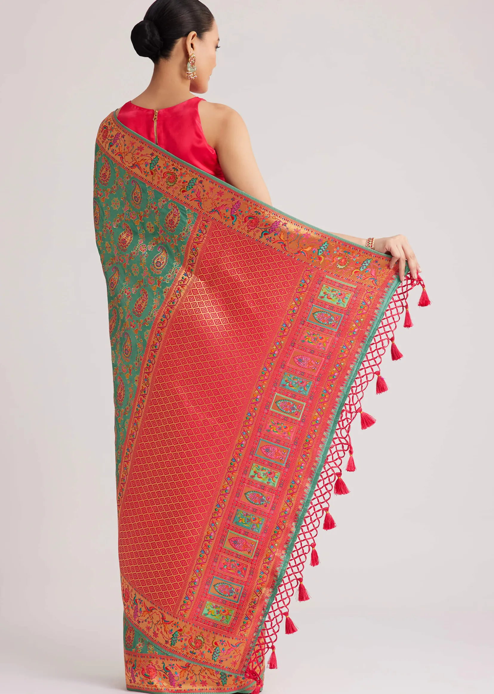 Peacock Green Satin Silk Saree With Jaal Work And Zari Border