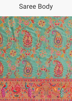 Peacock Green Satin Silk Saree With Jaal Work And Zari Border