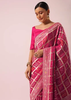 Peacock Rani Pink Dola Silk With Bandhani Weave Detail