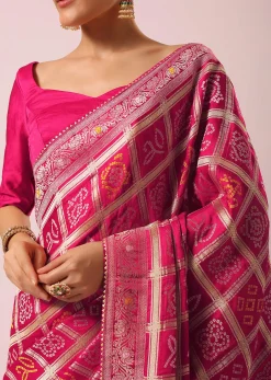 Peacock Rani Pink Dola Silk With Bandhani Weave Detail