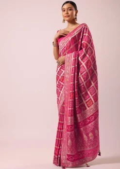Peacock Rani Pink Dola Silk With Bandhani Weave Detail