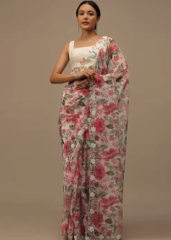 Pearl White Embroidered Organza Saree With Floral Print And Scallop Borders