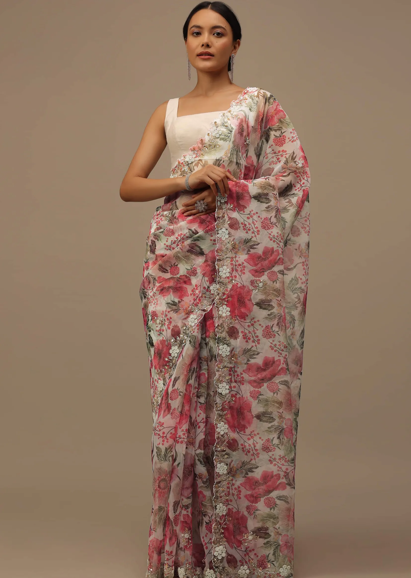 Pearl White Embroidered Organza Saree With Floral Print And Scallop Borders