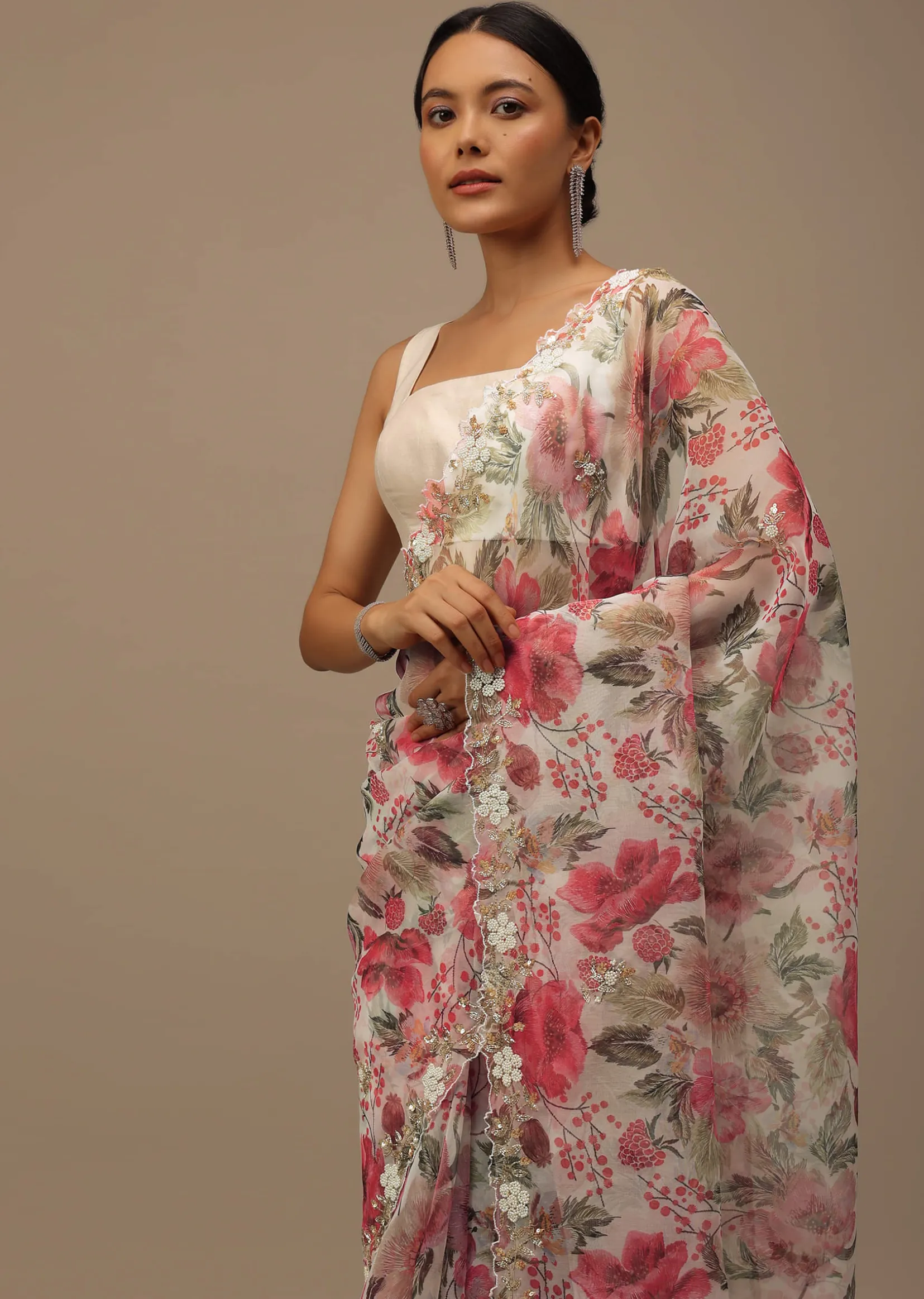 Pearl White Embroidered Organza Saree With Floral Print And Scallop Borders