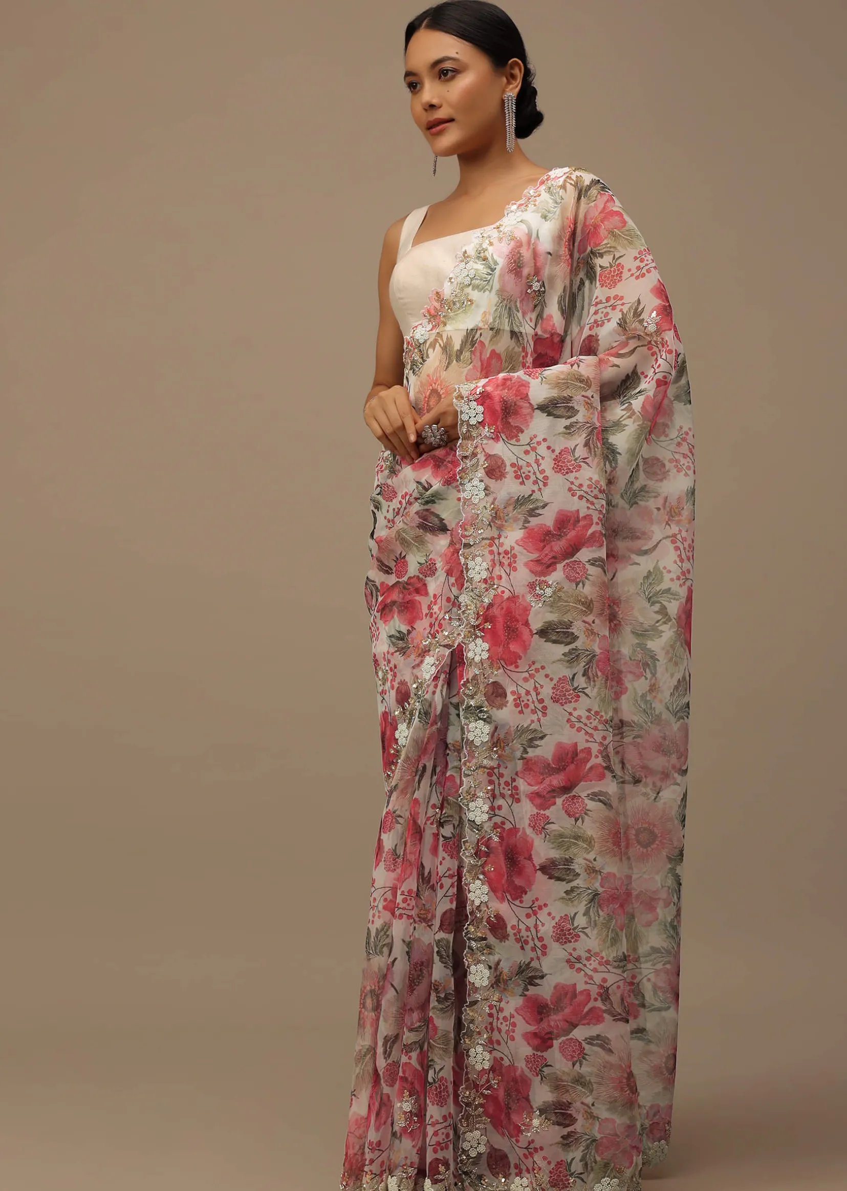 Pearl White Embroidered Organza Saree With Floral Print And Scallop Borders