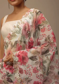 Pearl White Embroidered Organza Saree With Floral Print And Scallop Borders