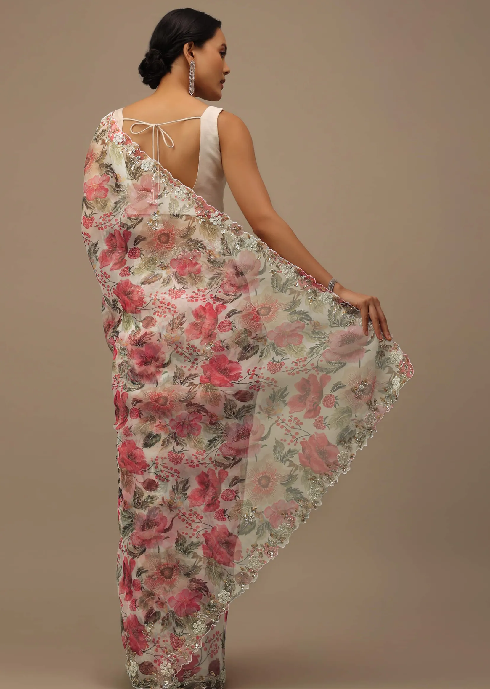 Pearl White Embroidered Organza Saree With Floral Print And Scallop Borders