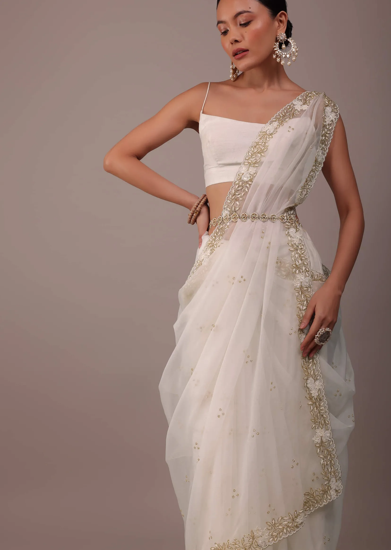 Pearl White Organza Saree With Cut Dana Embroidery