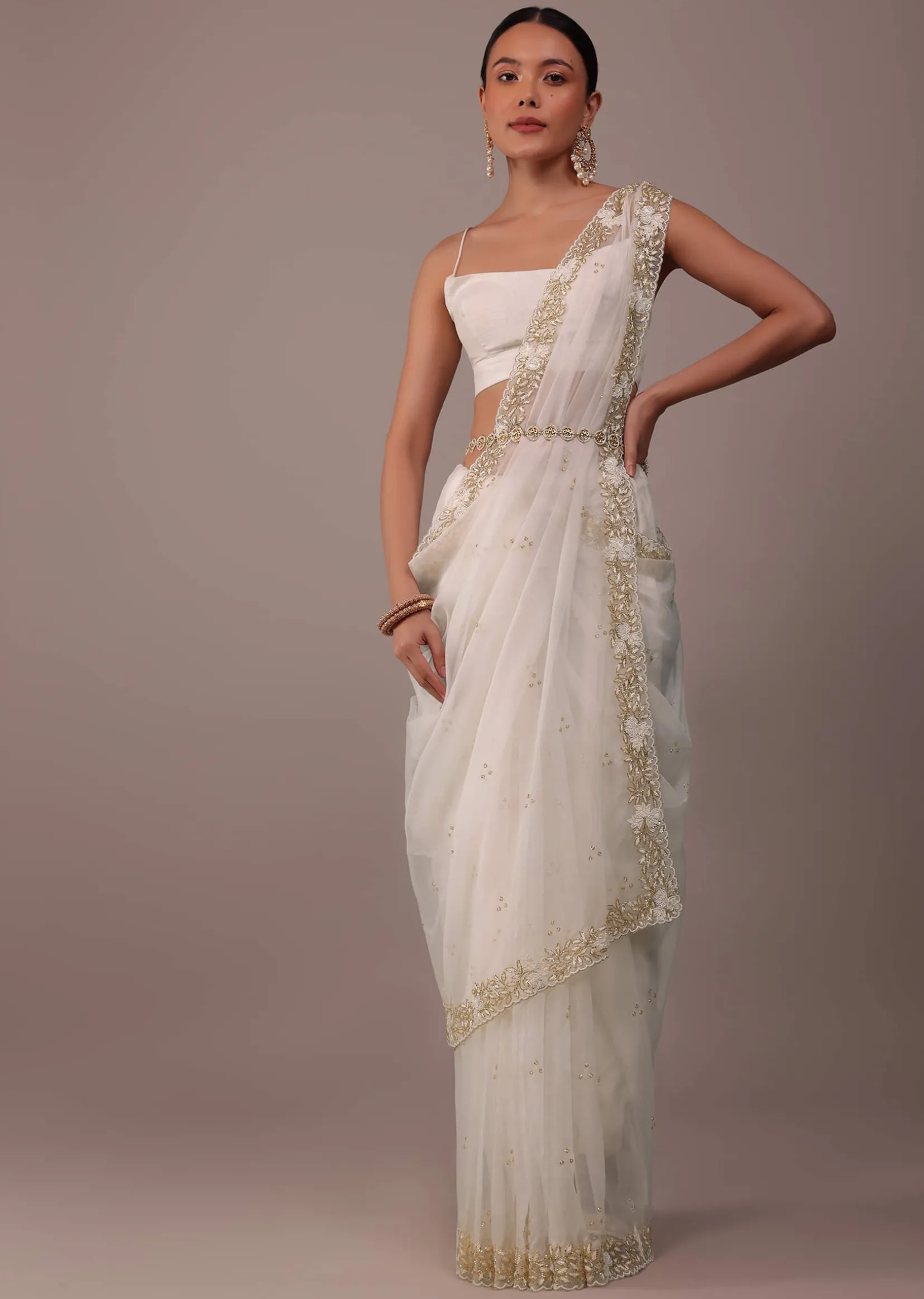 Pearl White Organza Saree With Cut Dana Embroidery