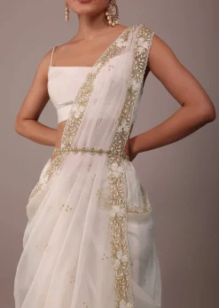 Pearl White Organza Saree With Cut Dana Embroidery