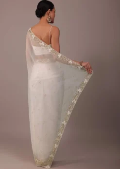 Pearl White Organza Saree With Cut Dana Embroidery