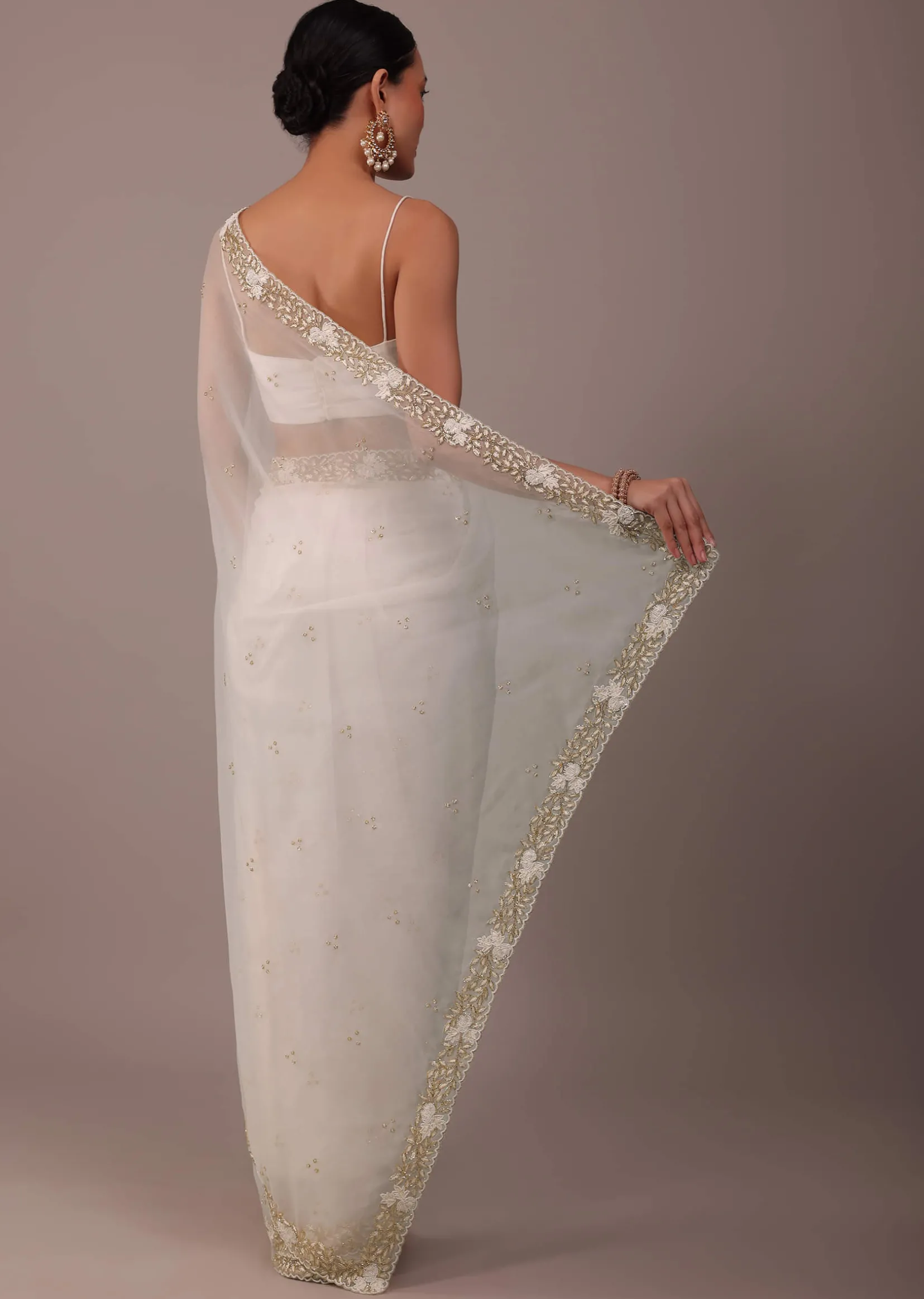 Pearl White Organza Saree With Cut Dana Embroidery