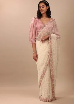 Pearl White Saree Fully Embroidered In Net Fabric