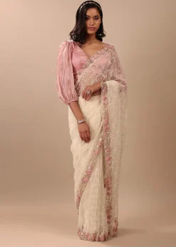 Pearl White Saree Fully Embroidered In Net Fabric