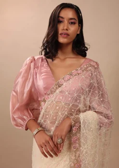 Pearl White Saree Fully Embroidered In Net Fabric